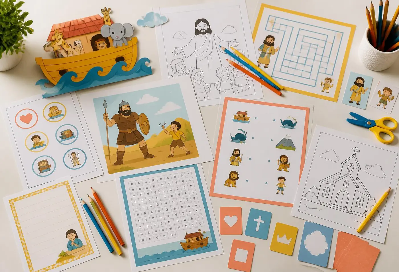 Muestra de actividades bíblicas para colorear, recortar, jugar y memorizar