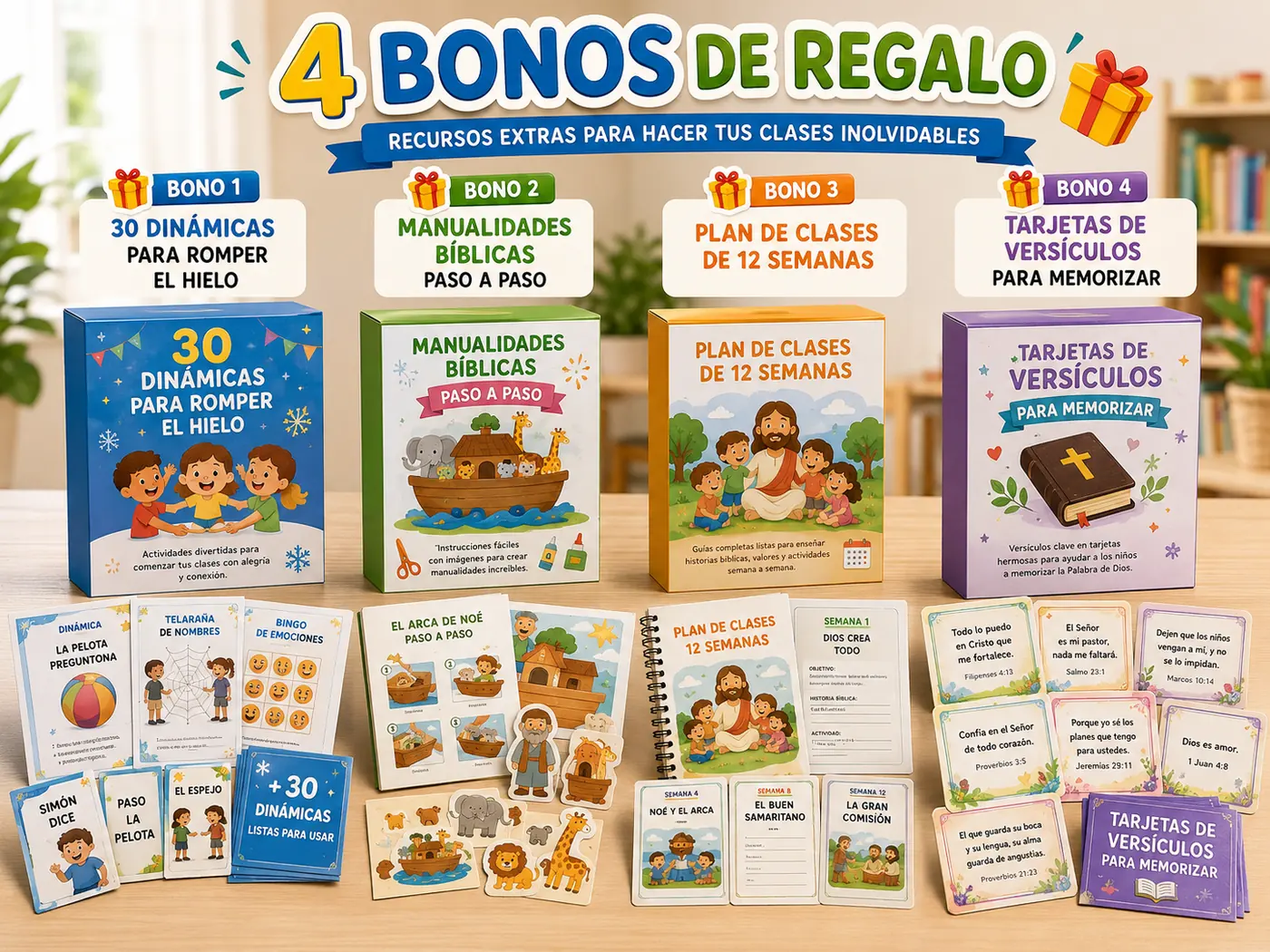Mockup de los 4 bonos de regalo: cajas, laptop, tablet, celular e imprimibles