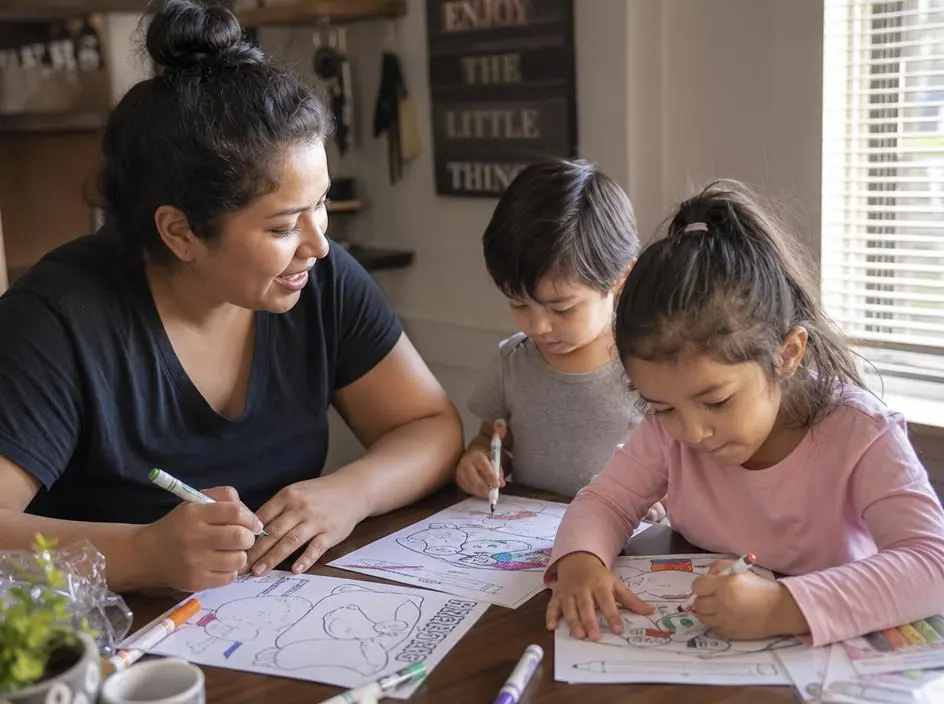 Karla, mamá que enseña en casa, coloreando actividades bíblicas con sus hijos