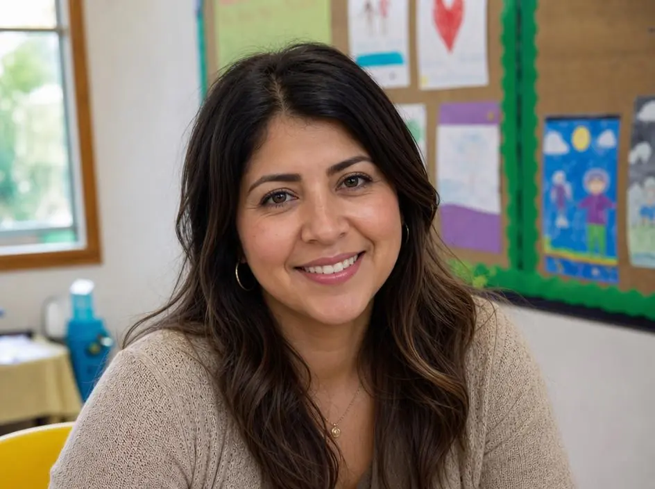 Mariana, maestra de escuela dominical, sonriendo en su salón de clases